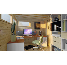 Holzgartenhaus Büro mit Schreibtisch, Bürostuhl, Regalen und Computer