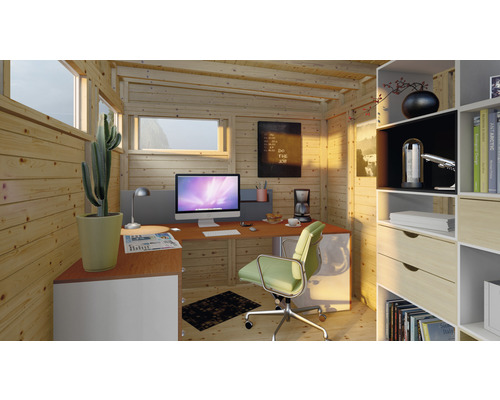 Holzgartenhaus Büro mit Schreibtisch, Bürostuhl, Regalen und Computer