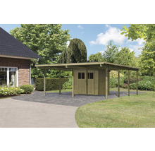Carport aus Holz mit Geräteschuppen im Garten