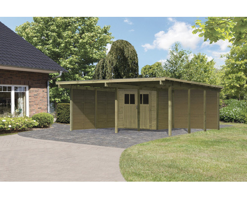 Doppelcarport Karibu Eco 2 Set mit integriertem Abstellraum 3,7 m², 2 Seitenwänden und einer Rückwand 527x576 cm kesseldruckimprägniert