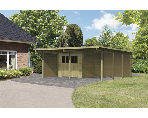 Holzgarage mit Geräteschuppen im Garten