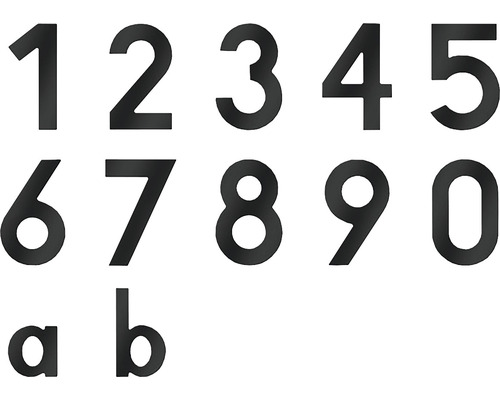 Hausnummern aus Metall von Null bis Neun und die Buchstaben a, b