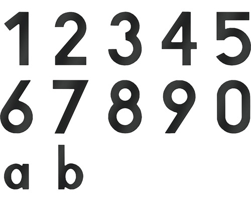 Hausnummern und Buchstaben von Null bis Neun sowie a und b