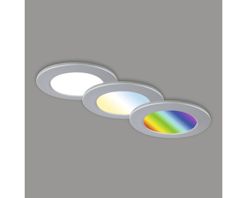 Drei runde LED Einbauleuchten mit unterschiedlichen Lichtfarben