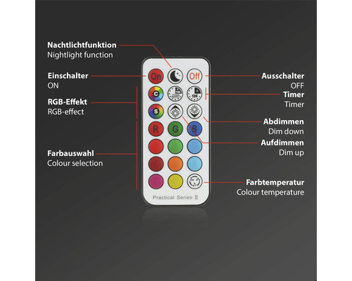 Fernbedienung mit Tasten zur Steuerung von Nachtlichtfunktion, Ein- und Ausschalter, RGB-Effekt, Farbauswahl, Timer, Dimmfunktion und Farbtemperatur.