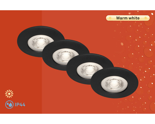 LED Einbauleuchten-Set IP44 4,9W 480 lm 3000 K schwarz Ø 9/6,8 cm 230V 4 Stück Vier Einbaustrahler mit warmweissem Licht