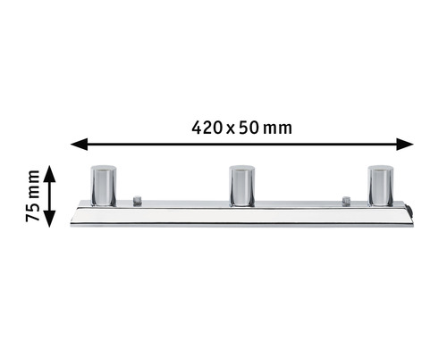 Abbildung einer Chromleuchte mit den Maßen 420 x 50 Millimeter und einer Höhe von 75 Millimetern.