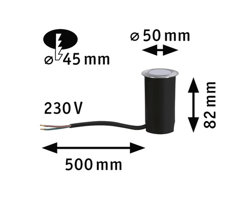 Erdspießstrahler mit den Massen 50 mm Durchmesser, 82 mm Höhe und 500 mm Kabellänge