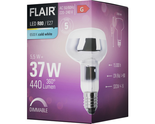 Flair LED R80 E27 Leuchtmittel mit 6500 Kelvin Kaltweiß