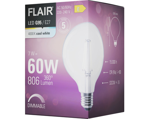 Verpackung einer dimmbaren Flair LED G95 E27 Lampe mit 806 Lumen und 4000 Kelvin