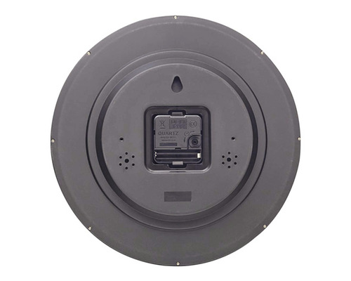 Rückseite einer Wanduhr mit Quarzwerk und Aufhängung