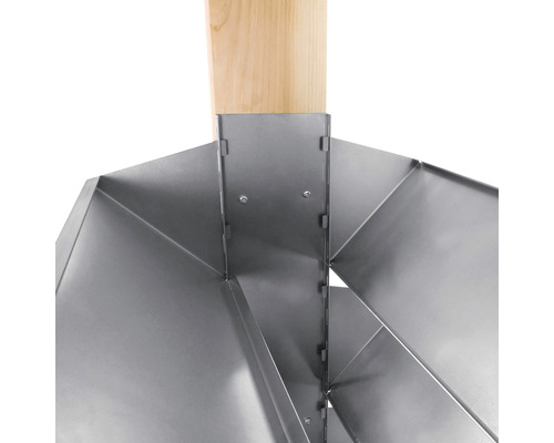 Detailansicht eines Pfostenankers aus Stahl mit Holzpfosten