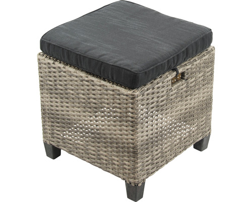 Geflochtener Hocker mit grauer Sitzauflage für den Gartenbereich