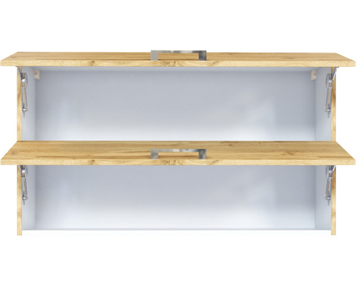 Geöffneter Badezimmerschrank mit zwei Regalböden und Griffen