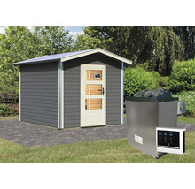Saunahaus Karibu Nosse 1 inkl. 9 kW Ofen u.ext. Steuerung mit Vorraum und Holztüre mit Klarglas terragrau/weiß