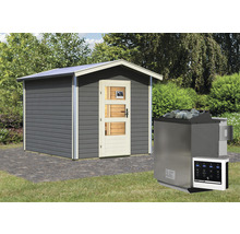 Saunahaus Karibu Nosse 1 inkl. 9 kW Bio Ofen u.ext. Steuerung mit Vorraum und Holztüre mit Klarglas terragrau/weiß
