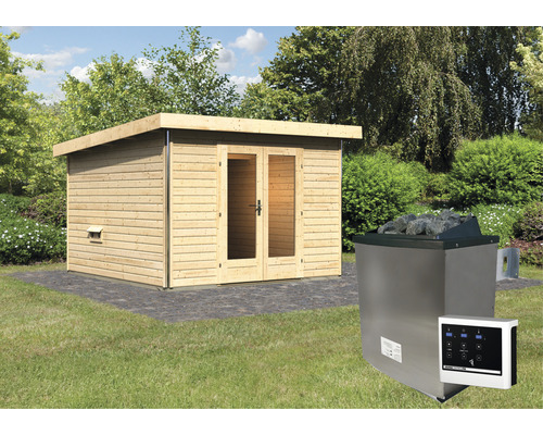 Gartensauna mit Holzverkleidung, Glastür und Saunaofen