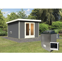 Saunahaus Karibu Sainburga 1 Set A inkl. 9 kW Ofen u.ext. Steuerung mit Vorraum und Holztüre mit Klarglas terragrau/weiß