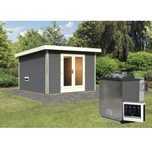 Saunahaus Karibu Sainburga 1 Set A inkl. 9 kW Bio Ofen u.ext. Steuerung mit Vorraum und Holztüre mit Klarglas terragrau/weiß