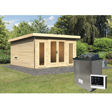 Saunahaus Karibu Sainburga 3 Set A inkl. 9 kW Ofen u.ext. Steuerung mit Vorraum, Fenster und Holztüre mit Klarglas