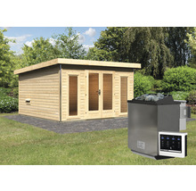 Saunahaus Karibu Sainburga 3 Set A inkl. 9 kW Bio Ofen u.ext. Steuerung mit Vorraum, Fenster und Holztüre mit Klarglas