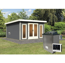Saunahaus Karibu Sainburga 3 Set A inkl. 9 kW Ofen u.ext. Steuerung mit Vorraum, Fenster und Holztüre mit Klarglas terragrau/weiß