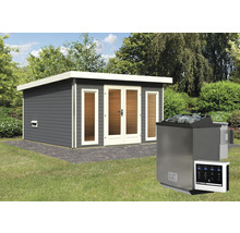 Saunahaus Karibu Sainburga 3 Set A inkl. 9 kW Bio Ofen u.ext. Steuerung mit Vorraum, Fenster und Holztüre mit Klarglas terragrau/weiß