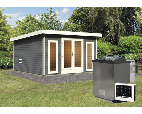 Saunahaus Karibu Sainburga 3 Set B inkl. 9 kW Bio Ofen u.ext. Steuerung mit Vorraum, Fenster und Holztüre mit Klarglas terragrau/weiß