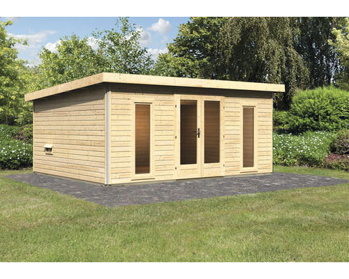 Gartenhaus aus Holz mit Flachdach und Doppeltür im Garten