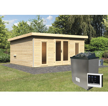Saunahaus Karibu Sainburga 4 Set B inkl. 9 kW Ofen u.ext. Steuerung mit Vorraum, Fenster und Holztüre mit Klarglas