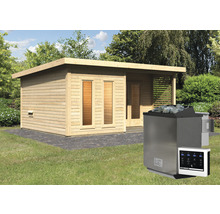 Saunahaus Karibu Sainburga 5 Set A inkl. 9 kW Bio Ofen u.ext. Steuerung mit Vorraum, Fenster und Holztüre mit Klarglas