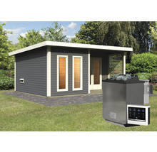 Saunahaus Karibu Sainburga 5 Set A inkl. 9 kW Bio Ofen u.ext. Steuerung mit Vorraum, Fenster und Holztüre mit Klarglas terragrau/weiß