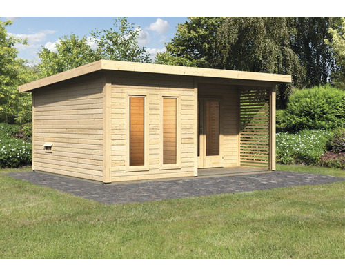 Gartenhaus aus Holz mit Flachdach, Fenstern, Tür und überdachter Terrasse