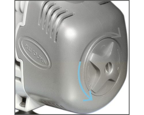 Detailansicht eines Geräts mit der Aufschrift ''Ziehen zum Öffnen'' und Pfeilen, die die Drehrichtung anzeigen.