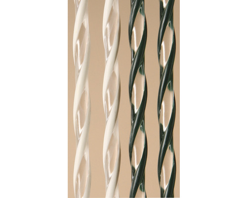 Nahaufnahme von zwei weißen und zwei grünen, spiralförmigen Bindedrähten