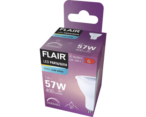 Verpackung einer dimmbaren Flair LED Lampe PAR16/GU10 mit 7 Watt, 57 Watt Entsprechung, 400 Lumen und 6500 Kelvin kaltweiß