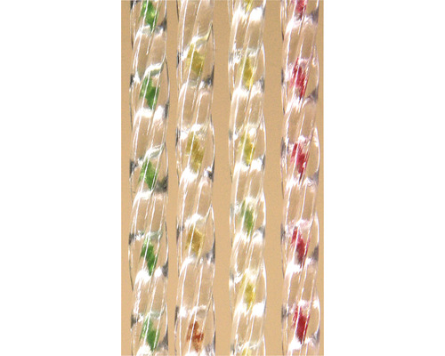 Makroaufnahme von vier transparenten, spiralförmigen Lichtleitern mit grünem, gelbem, orangefarbenem und rotem Innenleben