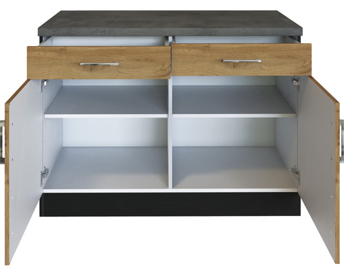 Unterschrank mit zwei Schubladen, zwei offenen Türen und Einlegeböden