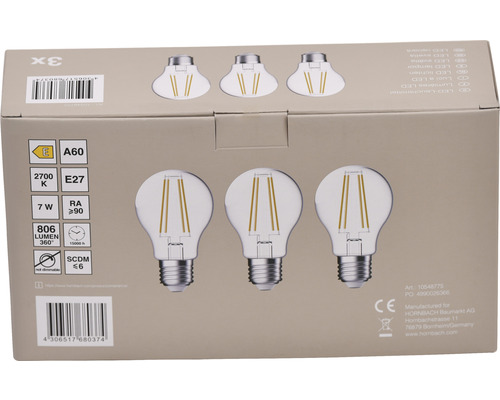 Verpackung mit drei LED Lampen, E27 Fassung, 7 Watt, 2700 Kelvin, 806 Lumen