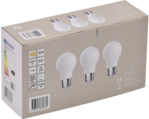 Verpackung mit drei LED Leuchtmitteln, Form A60, E27 Sockel, 7 Watt