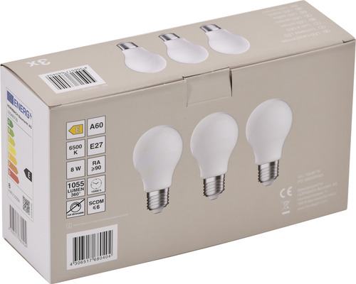 Verpackung mit drei A60 E27 LED-Lampen, 8 Watt