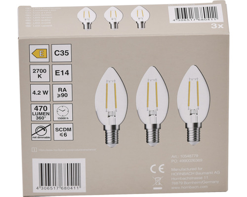 Verpackung mit drei LED-Lampen, Fassung E14, 4,2 Watt, 470 Lumen, 2700 Kelvin, nicht dimmbar