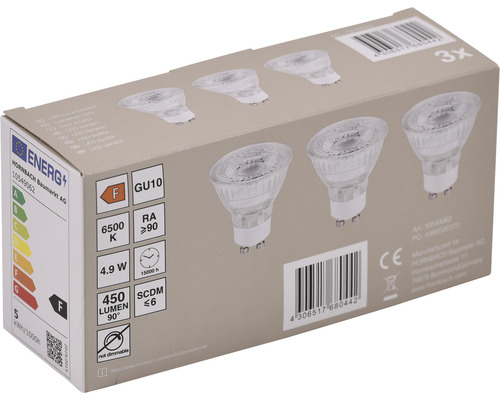 Verpackung mit drei LED-Leuchtmitteln GU10, 4,9 Watt