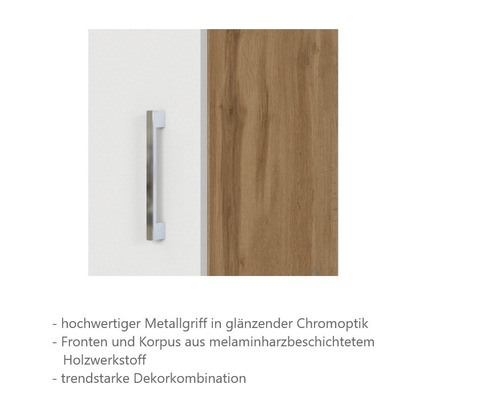 Detailansicht eines Schranks mit Metallgriff und Holzdekor