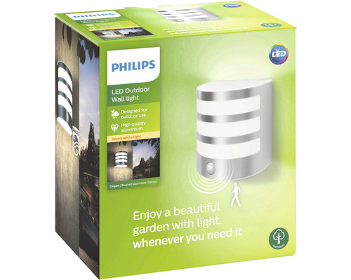 Verpackung einer Philips LED Außenwandleuchte Calgary aus gebürstetem Aluminium mit Sensor