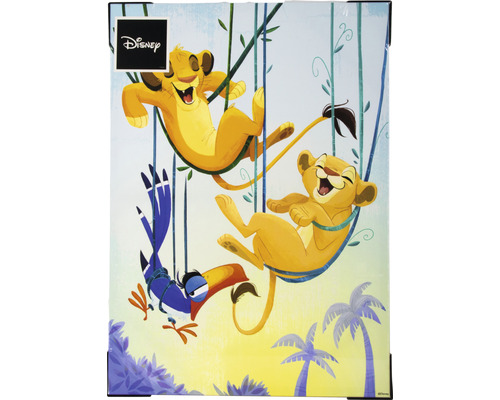 Disney Logo. Illustration mit Simba, Nala und Zazu auf Lianen vor Palmen.