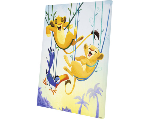 Leinwandbild mit spielenden Löwenjungen und einem Vogel