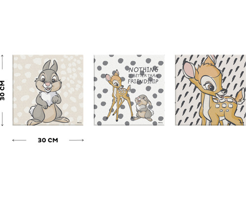 Dreiteiliges Wandbild-Set mit Bambi und Klopfer, jeweils 30 mal 30 Zentimeter