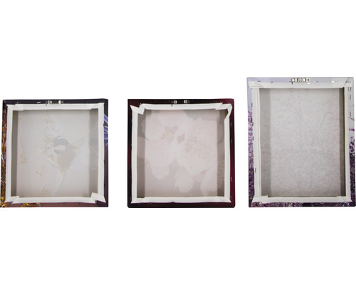 Rückansicht von drei Leinwandbildern mit floralen Motiven und Aufhängung