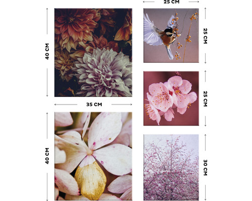 Mehrteiliges Wandbild mit Blumenmotiven und einem Vogelmotiv